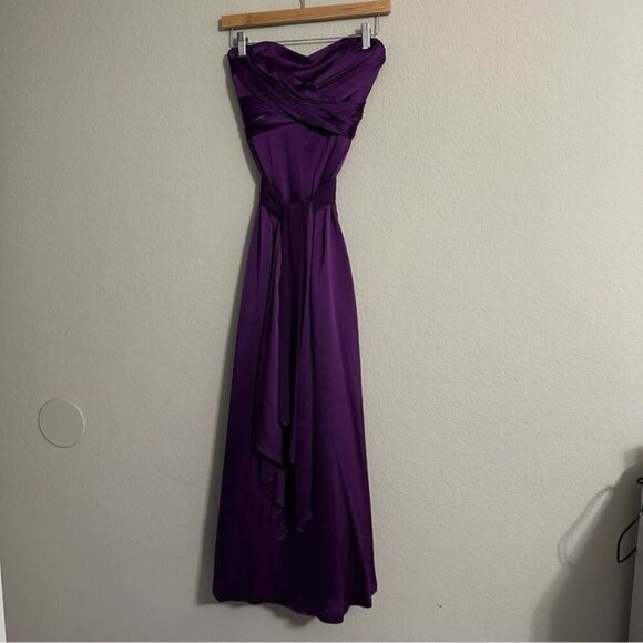 David Meister Purple Satin Strapless Cocktail Midi Dresss Size 4 - Picture 3 of 13